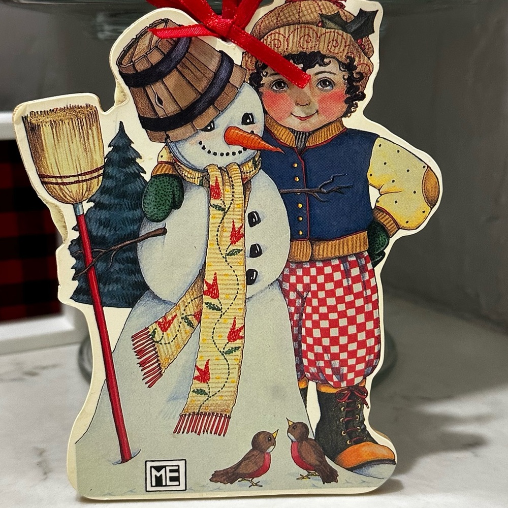 Vintage Mary Engelbreit Winter Pals Christmas Ornament Two Sided Wooden RARE